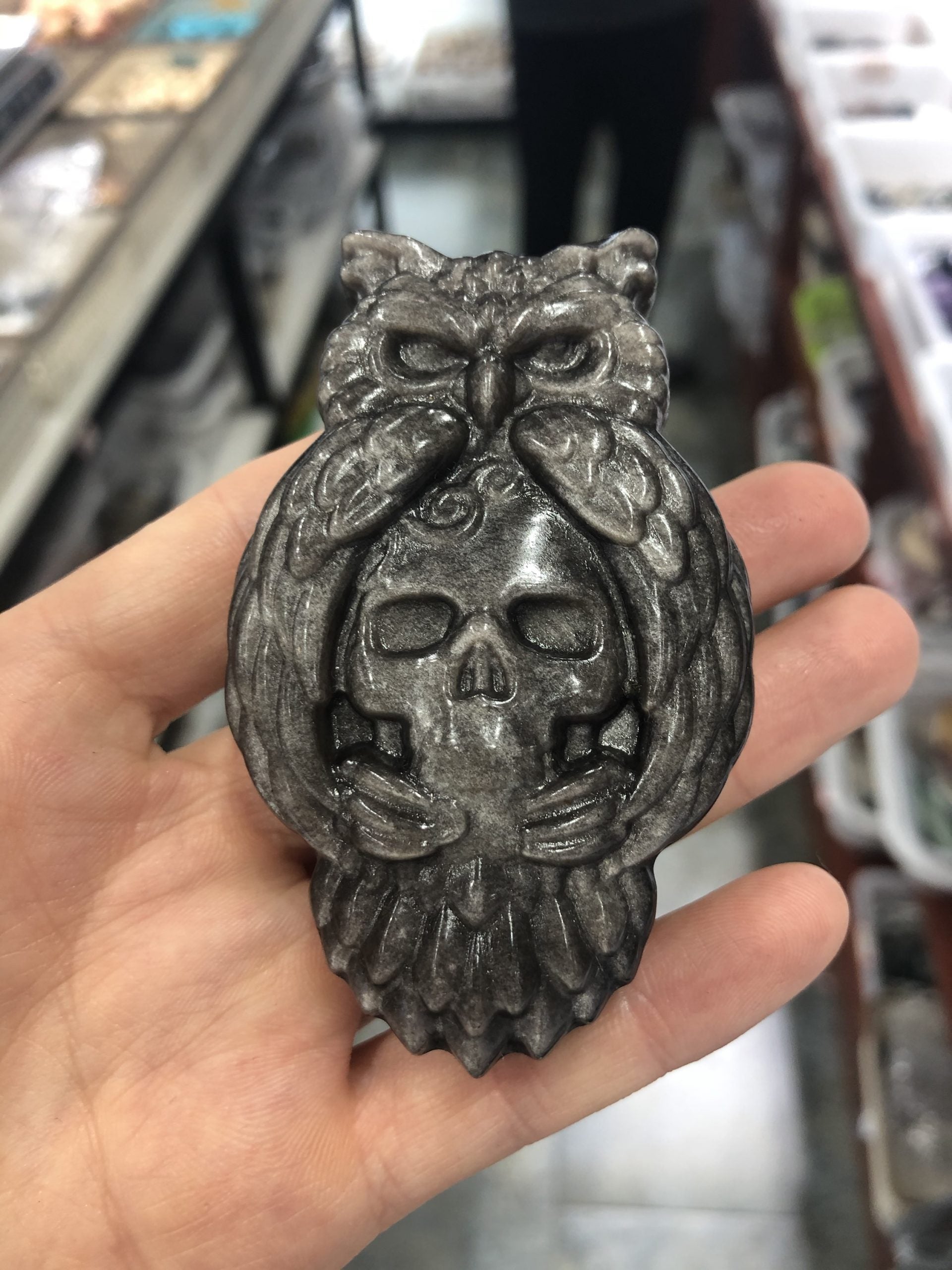 Silver obsidian /Labradorite owl skull